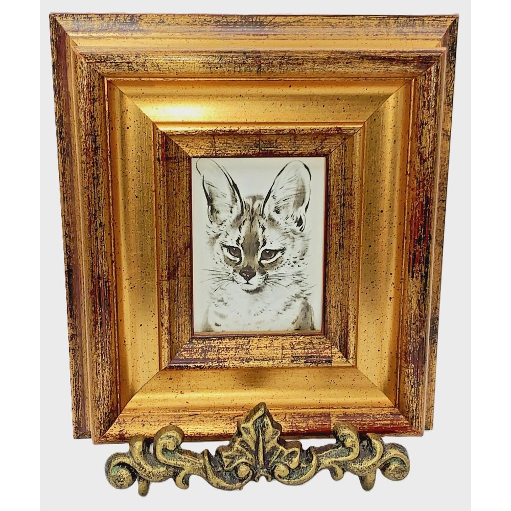 Cat Miniature Art Drawing in Lavish Gold Frame Iron Tabletop Easel Vintage 90s - Picture 4 of 10